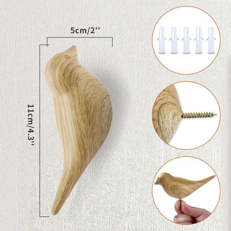 DesignSter Wood Grain Bird Coat Hooks - Premium Resin Creative Wall Mounted Birds Decorative Art Decor Hat Towel Bag Hanger Gift for Home,Living Room, Bedroom, Shop, Set of 5 - Image 2